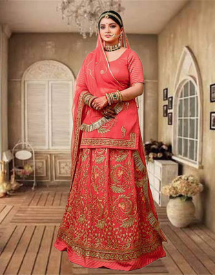 Bhawani saree center Embroidered Semi Stitched Rajasthani Poshak(Pink)