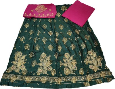 Shimla Embellished, Floral Print Semi Stitched Rajasthani Poshak(Dark Green, Pink)