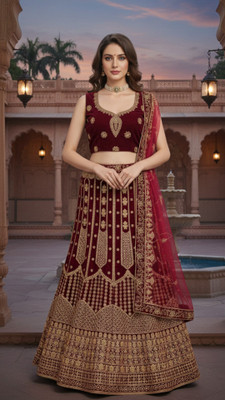 G2J BROTHERS Embroidered Semi Stitched Lehenga Choli(Maroon)