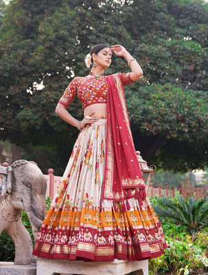 ShringarHouse Embroidered, Floral Print, Digital Print Semi Stitched Lehenga Choli(Red)