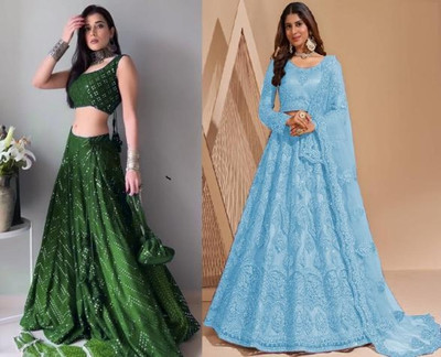 Udbhav Export Embroidered Semi Stitched Lehenga Choli(Green, Light Blue)