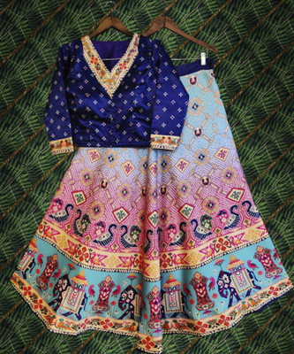 kaizen texo fab Digital Print Semi Stitched Lehenga & Crop Top(Blue)