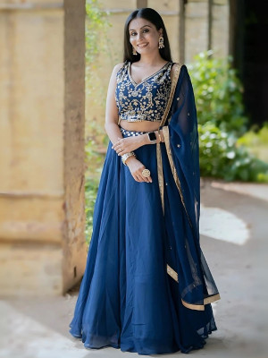 odette Embroidered Semi Stitched Lehenga Choli(Blue)
