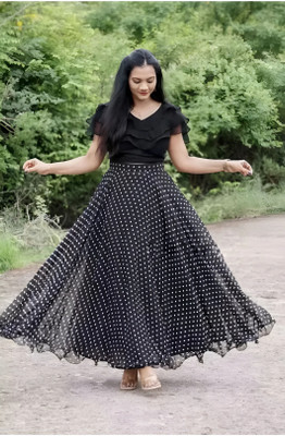 Nakum Bros Polka Print Stitched Lehenga & Crop Top(Black)