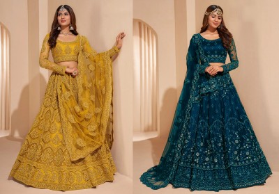 Udbhav Export Embroidered Semi Stitched Lehenga Choli(Yellow, Blue)