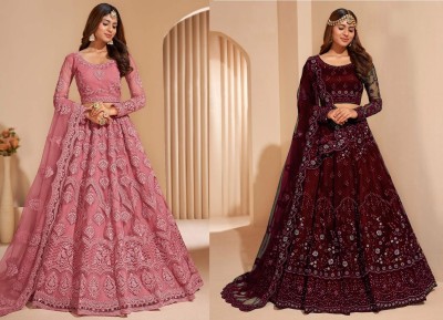 Cute Fellow Embroidered Semi Stitched Lehenga Choli(Maroon, Pink)