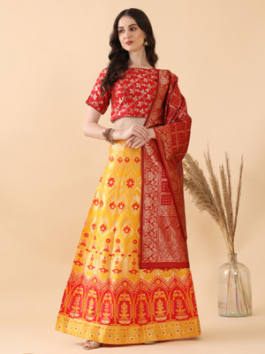 GRANTH MANIAFAB Printed Semi Stitched Lehenga Choli(Yellow, Red)