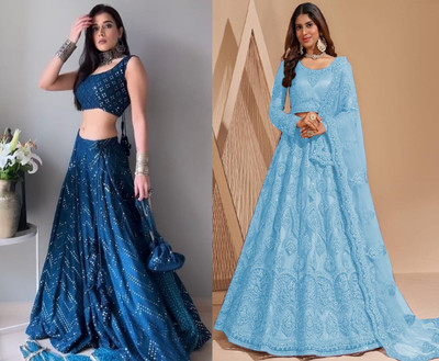 Cute Fellow Embroidered Semi Stitched Lehenga Choli(Blue)