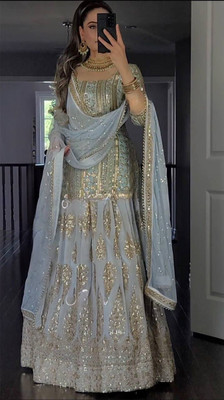 CLOTHTEXTILE Embroidered Stitched Lehenga & Crop Top(Silver)