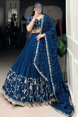 Trivety Embroidered Semi Stitched Lehenga Choli(Dark Blue)