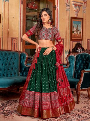 Pal Enterprise Bandhani, Printed Semi Stitched Lehenga Choli(Green)