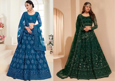 Reelove Factory Embroidered Semi Stitched Lehenga Choli(Green, Blue)