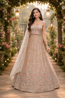ALANKAR ART Embroidered Semi Stitched Lehenga Choli(Beige, Gold)