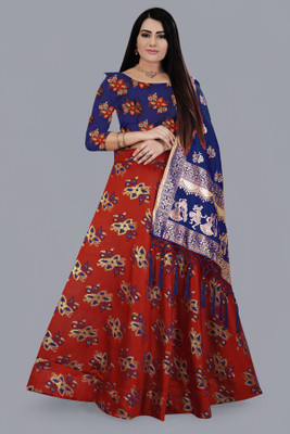 nv patel Floral Print Semi Stitched Lehenga Choli(Red, Blue)
