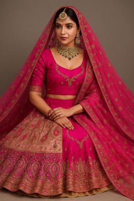 Zenzi Embroidered Semi Stitched Lehenga Choli(Gold, Maroon, Multicolor, Pink)