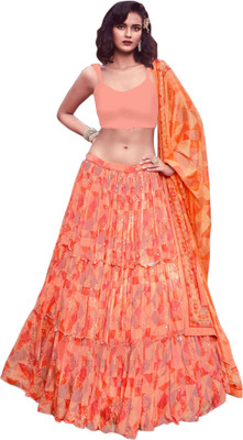 Trijal Fab Floral Print Semi Stitched Lehenga Choli(Orange)