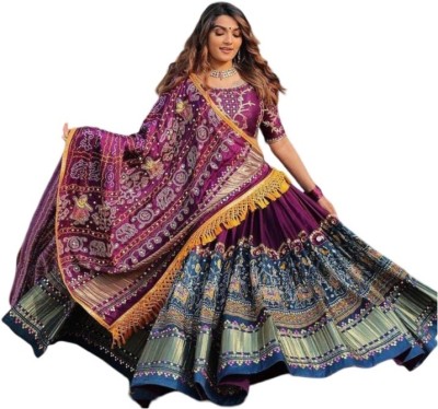 Shubh Viyan Textiles Bandhani, Ikat, Self Design, Digital Print, Graphic Print Semi Stitched Lehenga Choli(Pink, Blue)