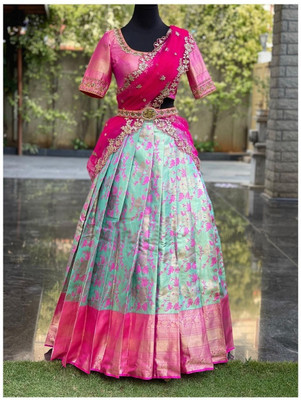 Khunshi Creation Checkered Semi Stitched Lehenga Choli(Light Green)