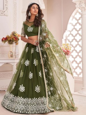 atsevam Embroidered, Embellished, Self Design Semi Stitched Lehenga Choli(Green)