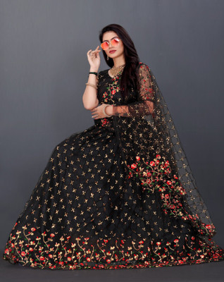 A To Z Cart Embroidered Semi Stitched Lehenga Choli(Black)