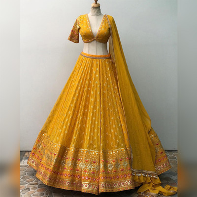 VATAGAMFAB Embellished Semi Stitched Lehenga Choli(Yellow)