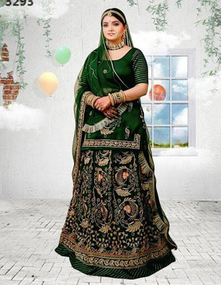 Bhawani Collection Embroidered Semi Stitched Rajasthani Poshak(Dark Green)