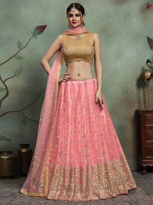 odette Embroidered Semi Stitched Lehenga Choli(Pink)