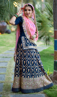 SANSKAR TEXTILES Embroidered, Embellished Semi Stitched Rajputi Poshak(Dark Blue)