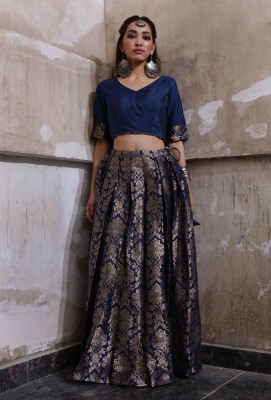 Kedar Fab Self Design, Colorblock Semi Stitched Lehenga Choli(Dark Blue)