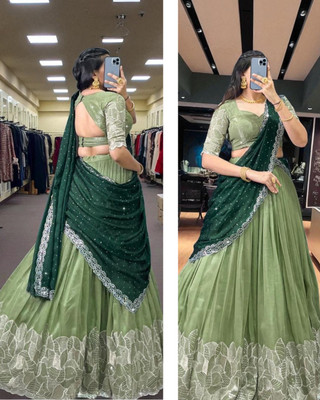 Ethnicset Embroidered, Embellished Semi Stitched Lehenga Choli(Green)