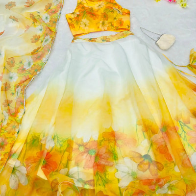 PuriMaa Floral Print Semi Stitched Lehenga Choli(Yellow)