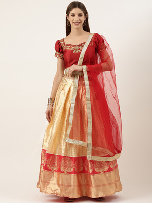 Fabcartz Embroidered Semi Stitched Lehenga Choli(Beige, Red)