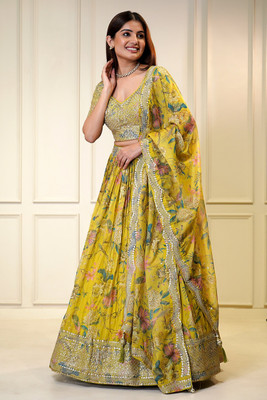 Fusionic Floral Print Stitched Lehenga Choli(Yellow)