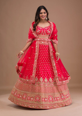 Fashion Filament – Live Your Fashion Embroidered Semi Stitched Lehenga Choli(Red)