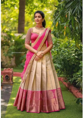 Fabcartz Embroidered Semi Stitched Lehenga Choli(Beige, Pink)