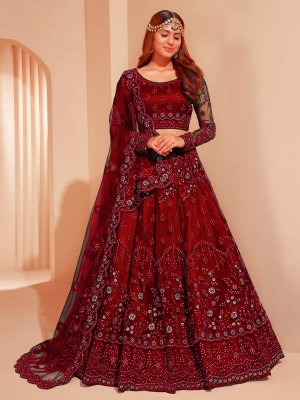 Cute Fellow Embroidered Semi Stitched Lehenga Choli(Red)