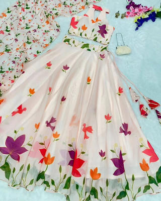 PuriMaa Floral Print Semi Stitched Lehenga Choli(White)