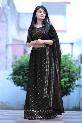 Stripix Embroidered Semi Stitched Lehenga Choli(Black)