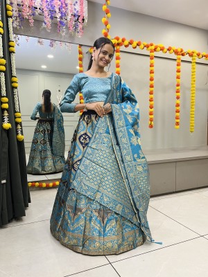 Fabcartz Floral Print Semi Stitched Lehenga Choli(Light Blue)