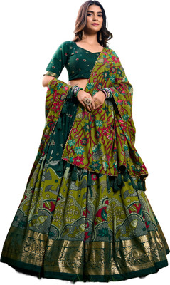 aj retail Digital Print Semi Stitched Lehenga Choli(Green)