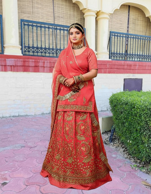 Bhawani Collection Embroidered Semi Stitched Rajasthani Poshak(Pink)