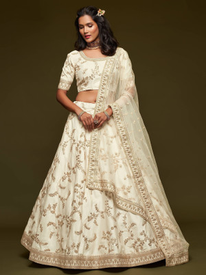LADALI Embroidered Semi Stitched Lehenga Choli(White)