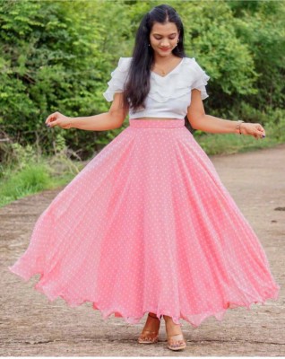 Dindla Polka Print Stitched Lehenga & Crop Top(Pink)