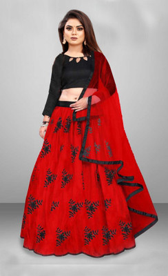 JANVI CREATION Solid, Embroidered, Embellished, Self Design Semi Stitched Lehenga Choli(Red)