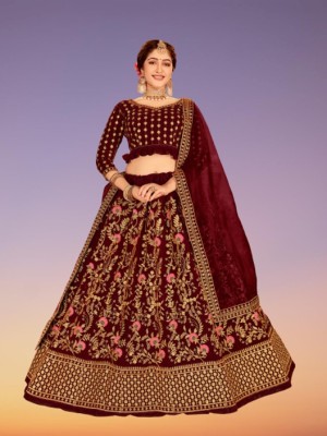 FINIVOIR Embroidered Semi Stitched Lehenga Choli(Maroon)