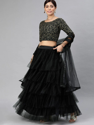 Fabcartz Self Design Semi Stitched Lehenga Choli(Black)