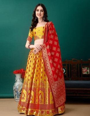 GRANTH MANIAFAB Self Design Semi Stitched Lehenga Choli(Yellow, Red)