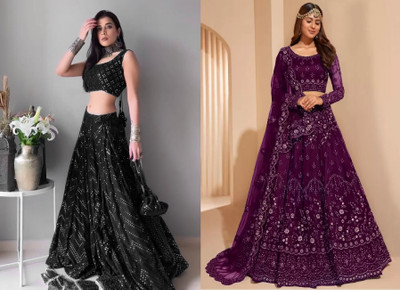 Cute Fellow Embroidered Semi Stitched Lehenga Choli(Black, Purple)