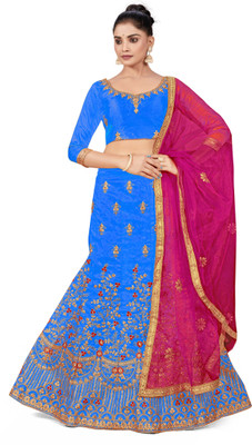 manvaa Embroidered Semi Stitched Lehenga Choli(Blue)