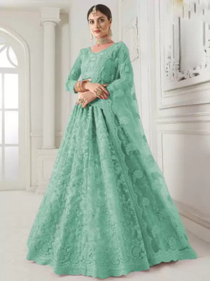 JANVI CREATION Embroidered Semi Stitched Lehenga Choli(Light Green)